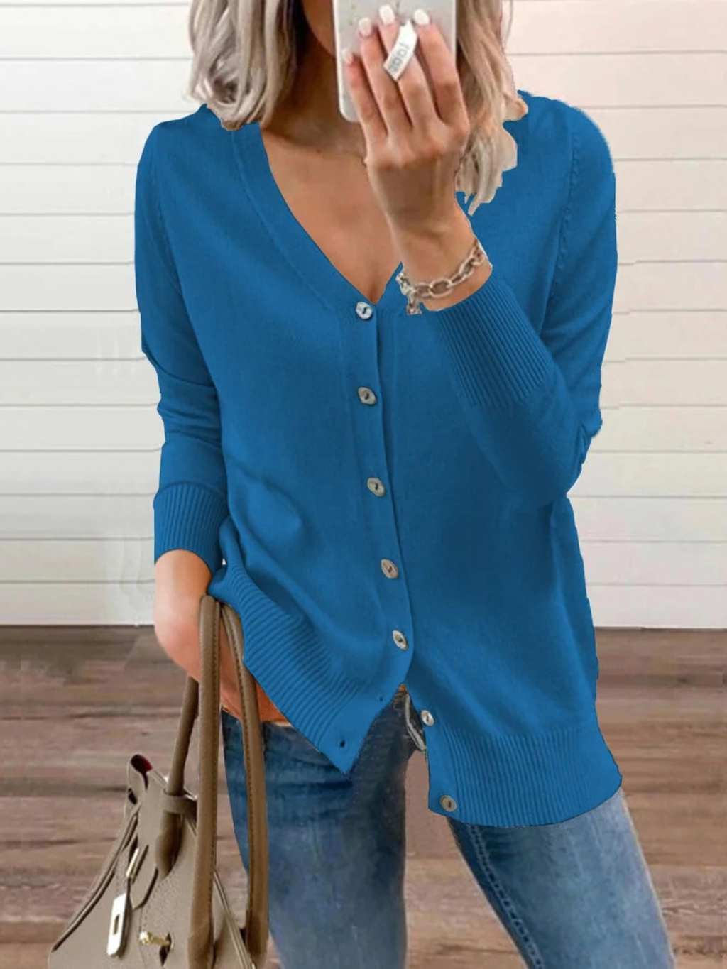 Button-Up Knit Cardigan for Women with V-Neck
