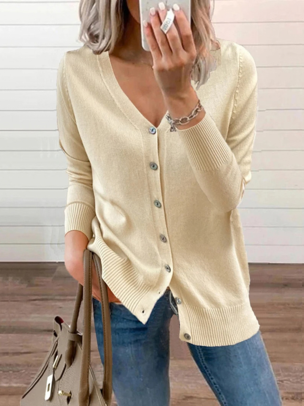 Button-Up Knit Cardigan for Women with V-Neck