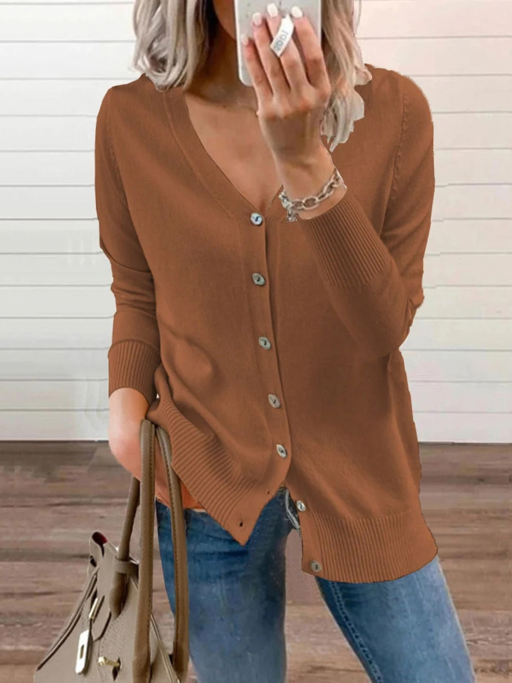 Button-Up Knit Cardigan for Women with V-Neck