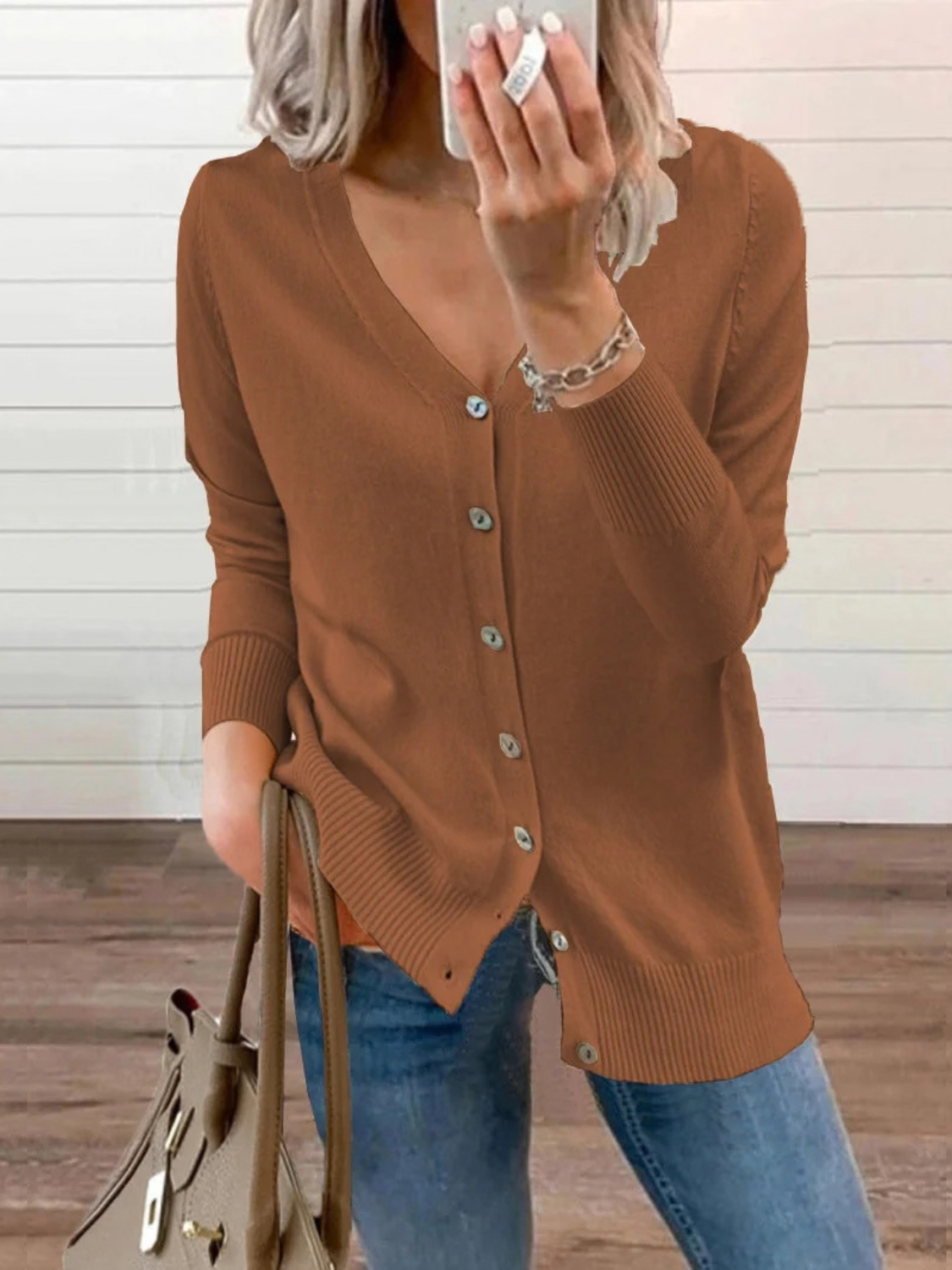 Button-Up Knit Cardigan for Women with V-Neck
