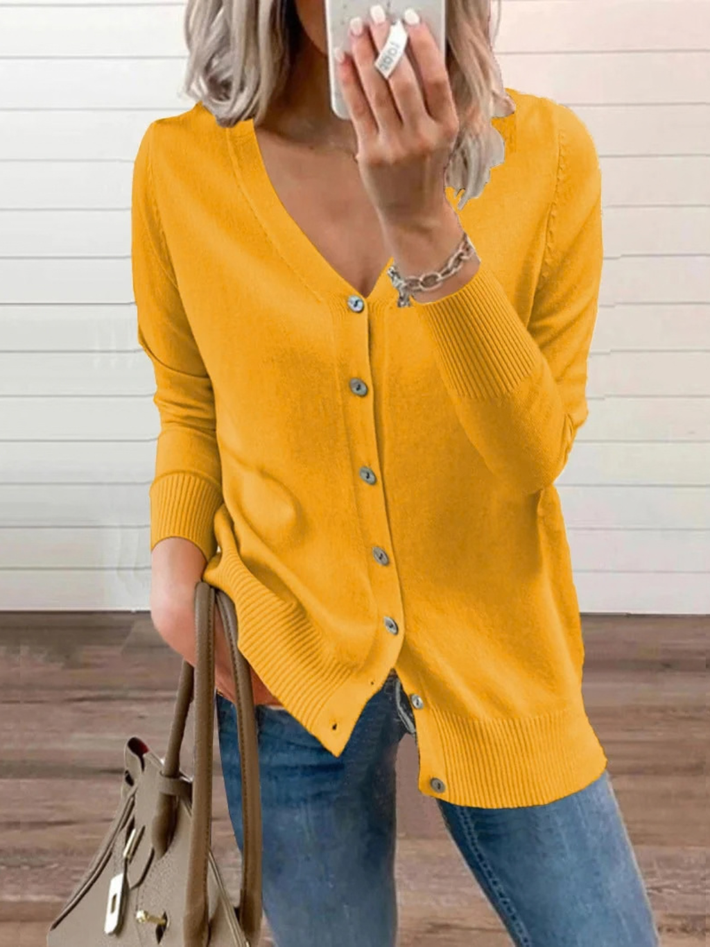 Button-Up Knit Cardigan for Women with V-Neck