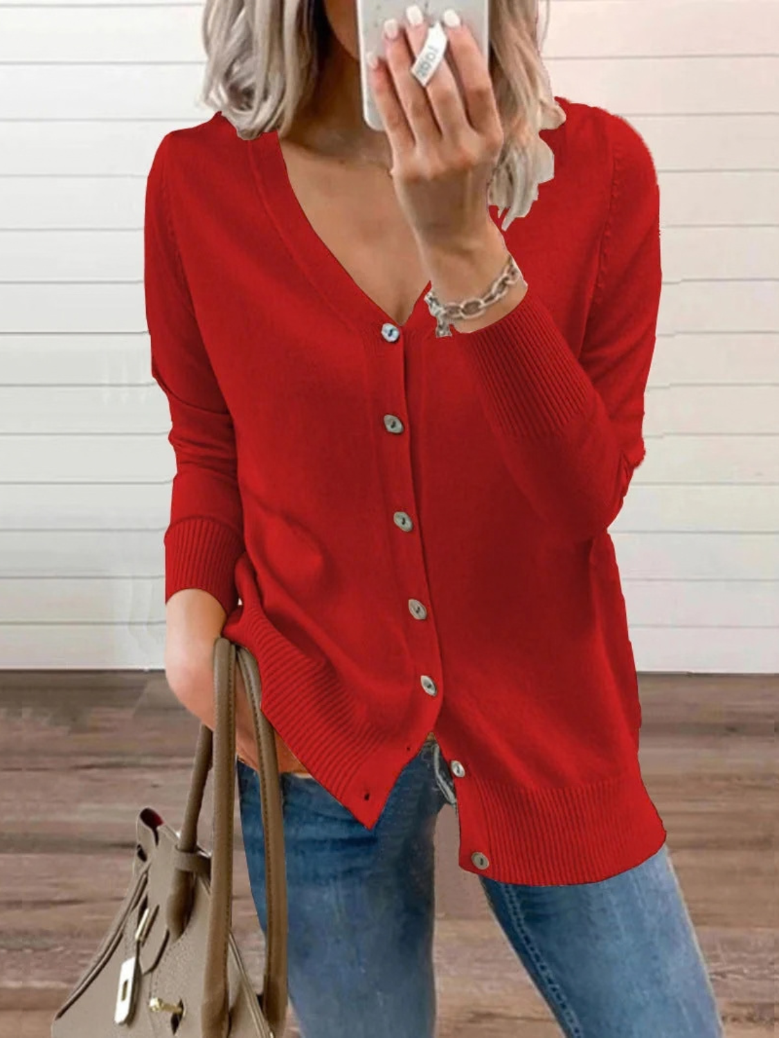 Button-Up Knit Cardigan for Women with V-Neck