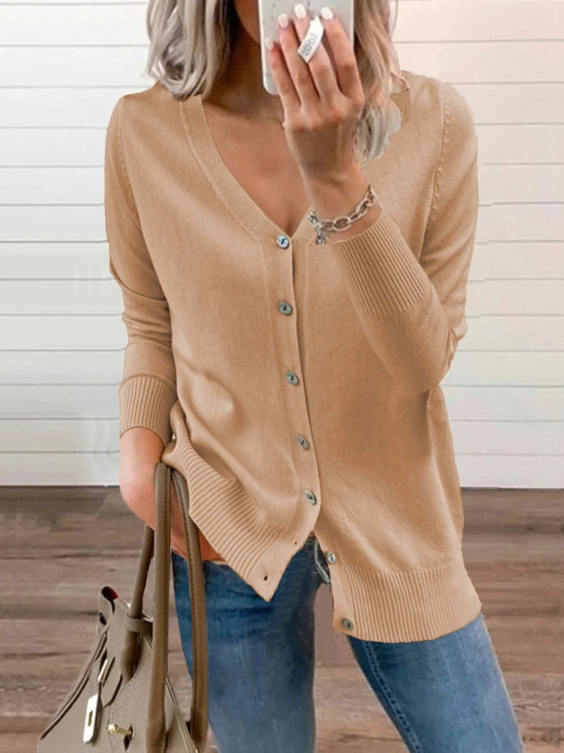 Button-Up Knit Cardigan for Women with V-Neck