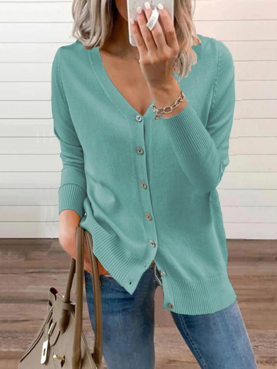 Button-Up Knit Cardigan for Women with V-Neck