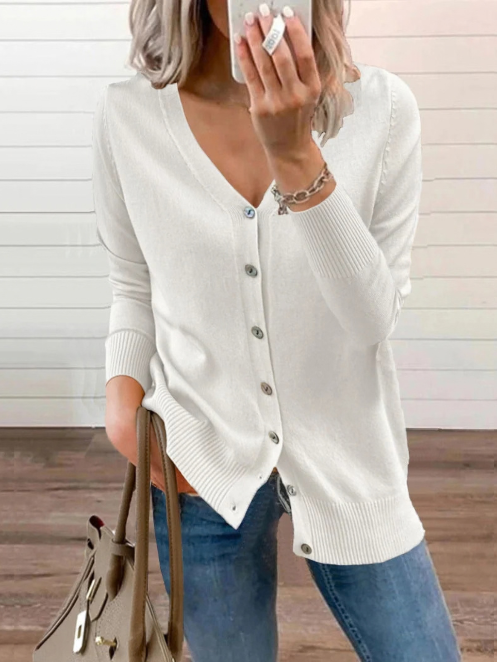 Button-Up Knit Cardigan for Women with V-Neck