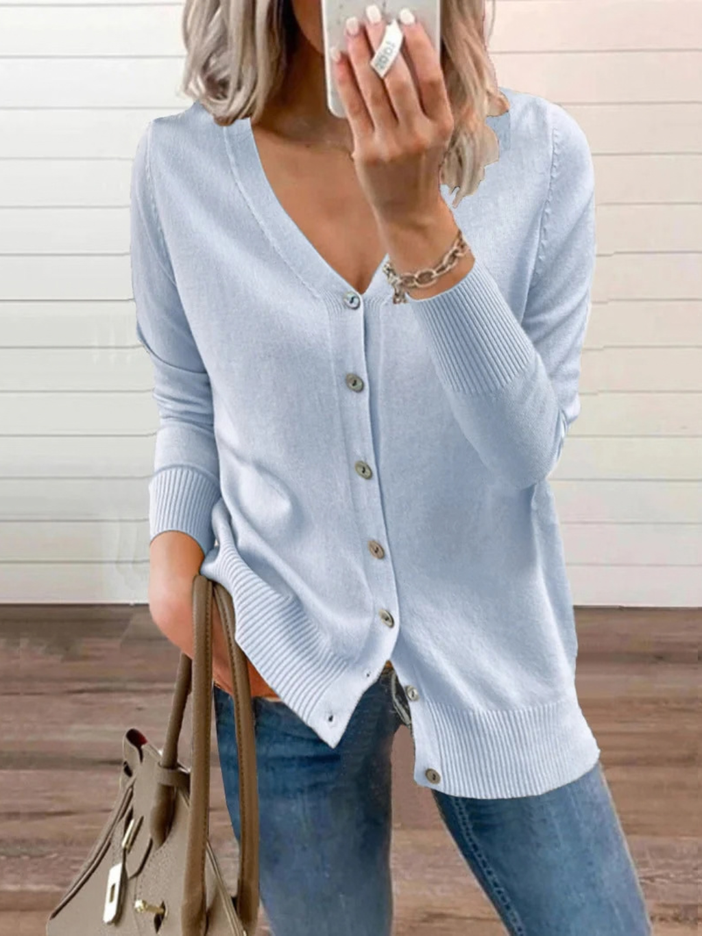Button-Up Knit Cardigan for Women with V-Neck