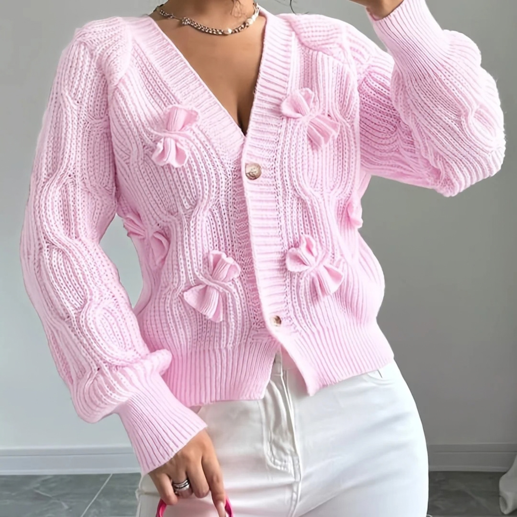 Cable Knit Cardigan for Women with 3D Bow Detail