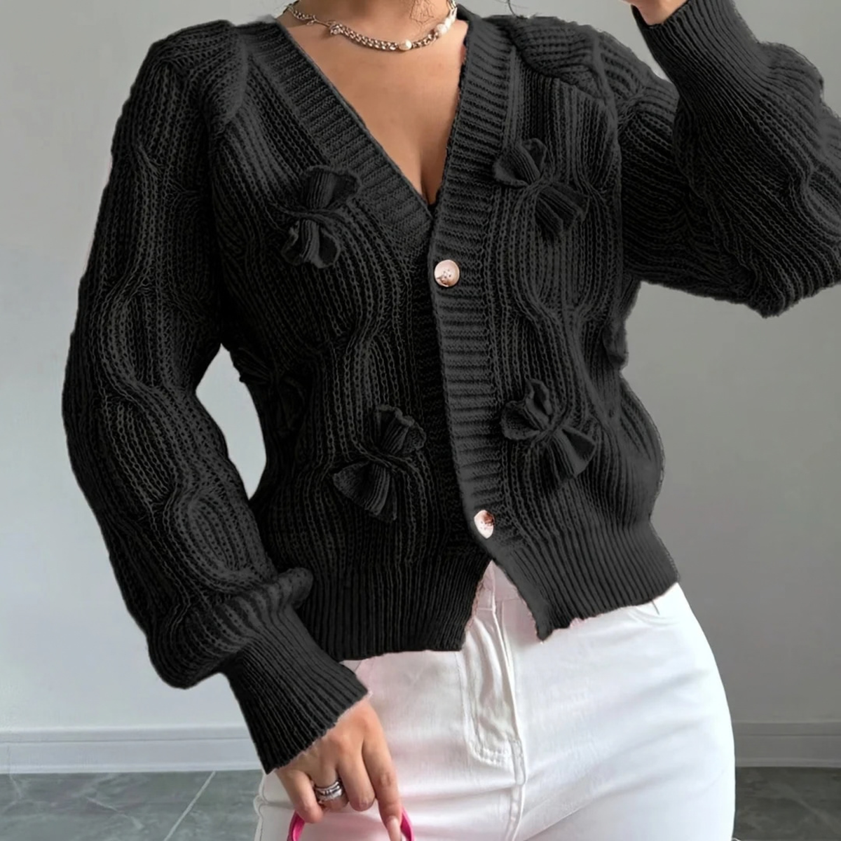 Cable Knit Cardigan for Women with 3D Bow Detail