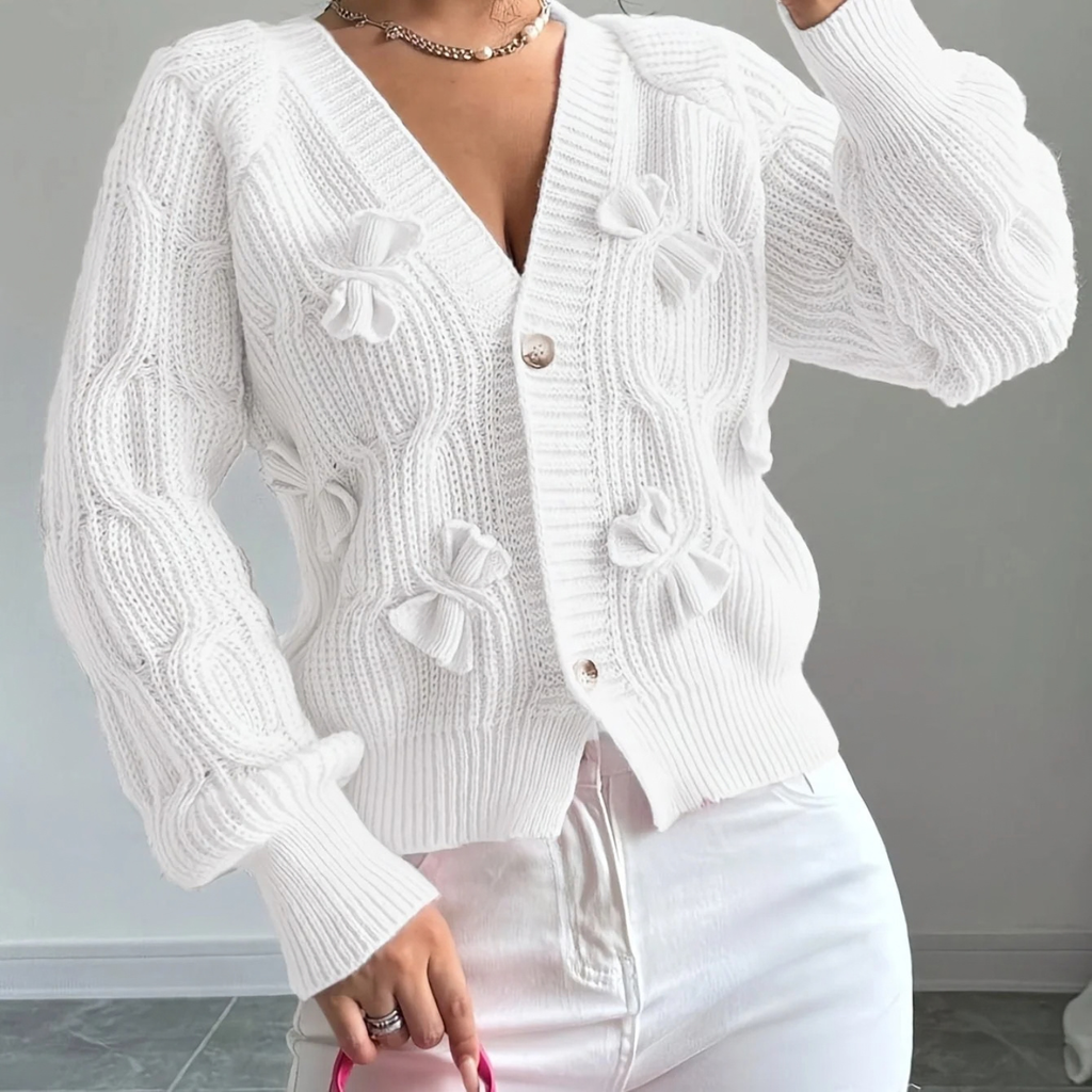 Cable Knit Cardigan for Women with 3D Bow Detail