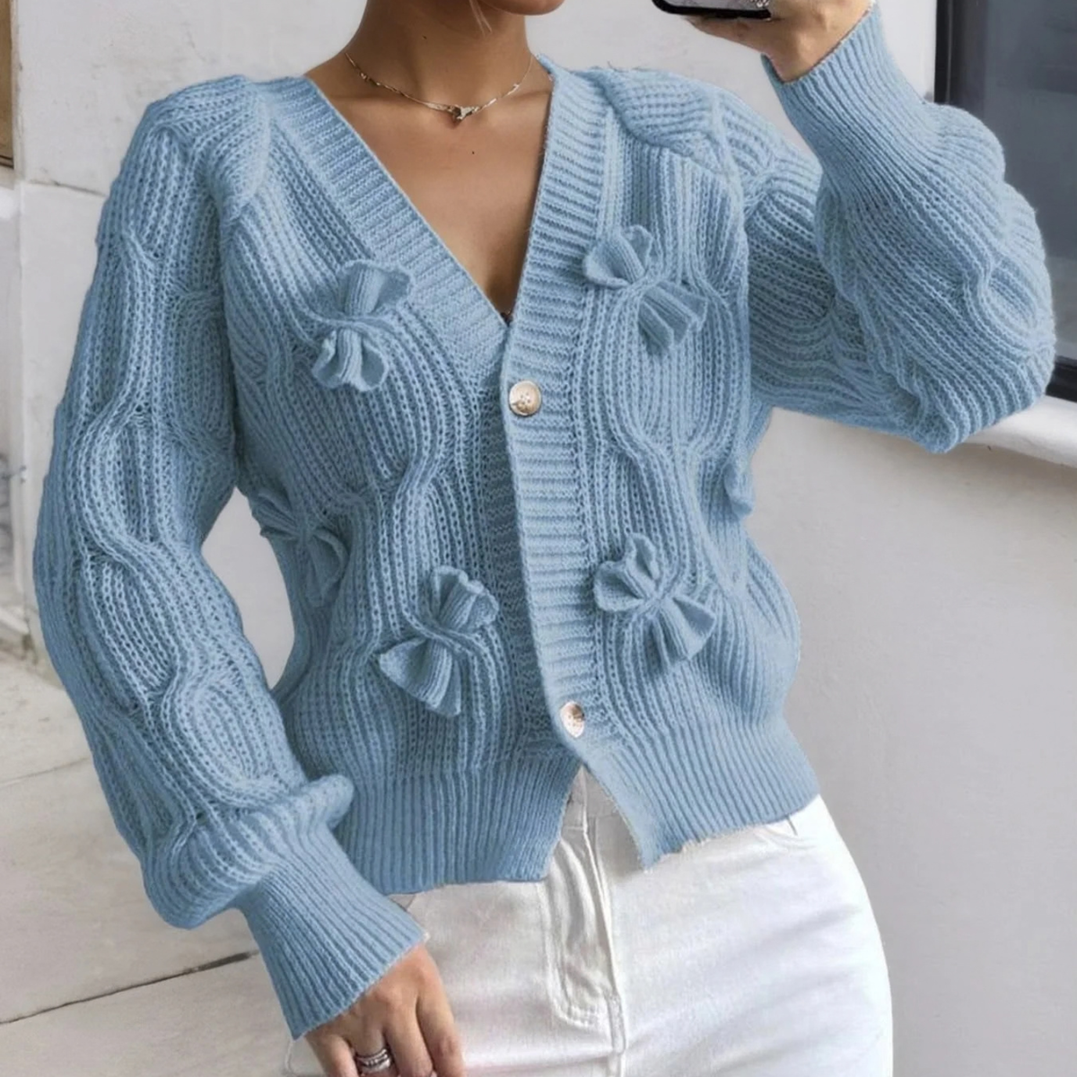 Cable Knit Cardigan for Women with 3D Bow Detail