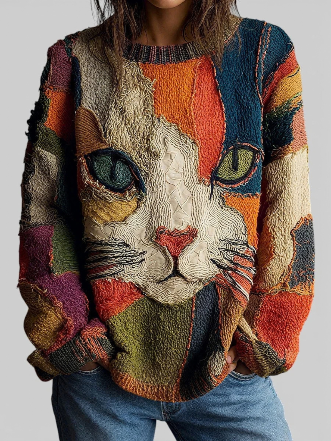 Cat Print Knit Sweater for Women with Crew Neck