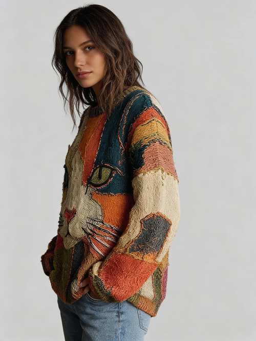 Cat Print Knit Sweater for Women with Crew Neck