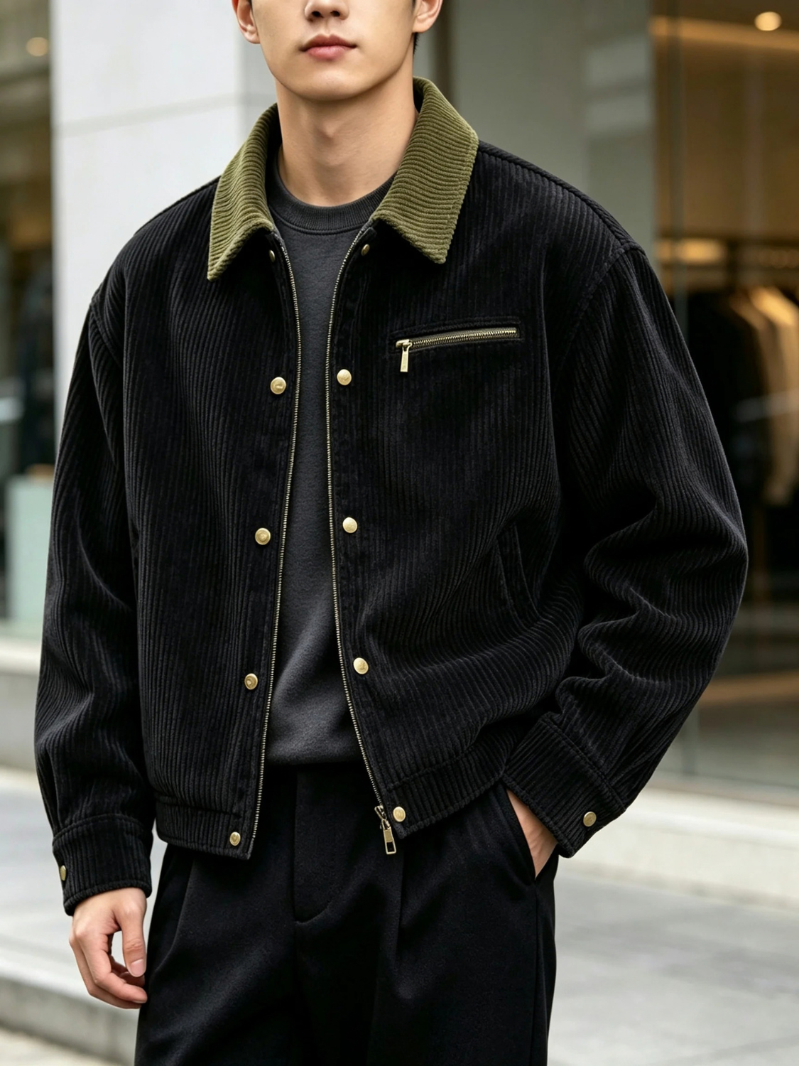 Corduroy Boxy Bomber Jacket for Men with Ribbed Collar