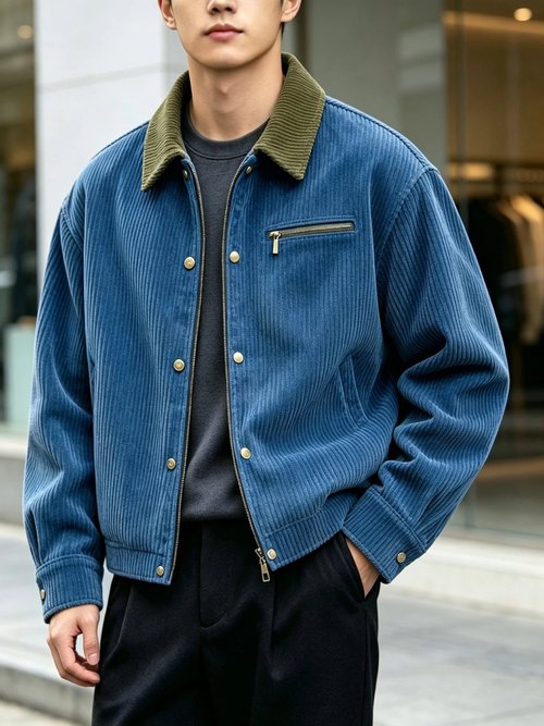 Corduroy Boxy Bomber Jacket for Men with Ribbed Collar