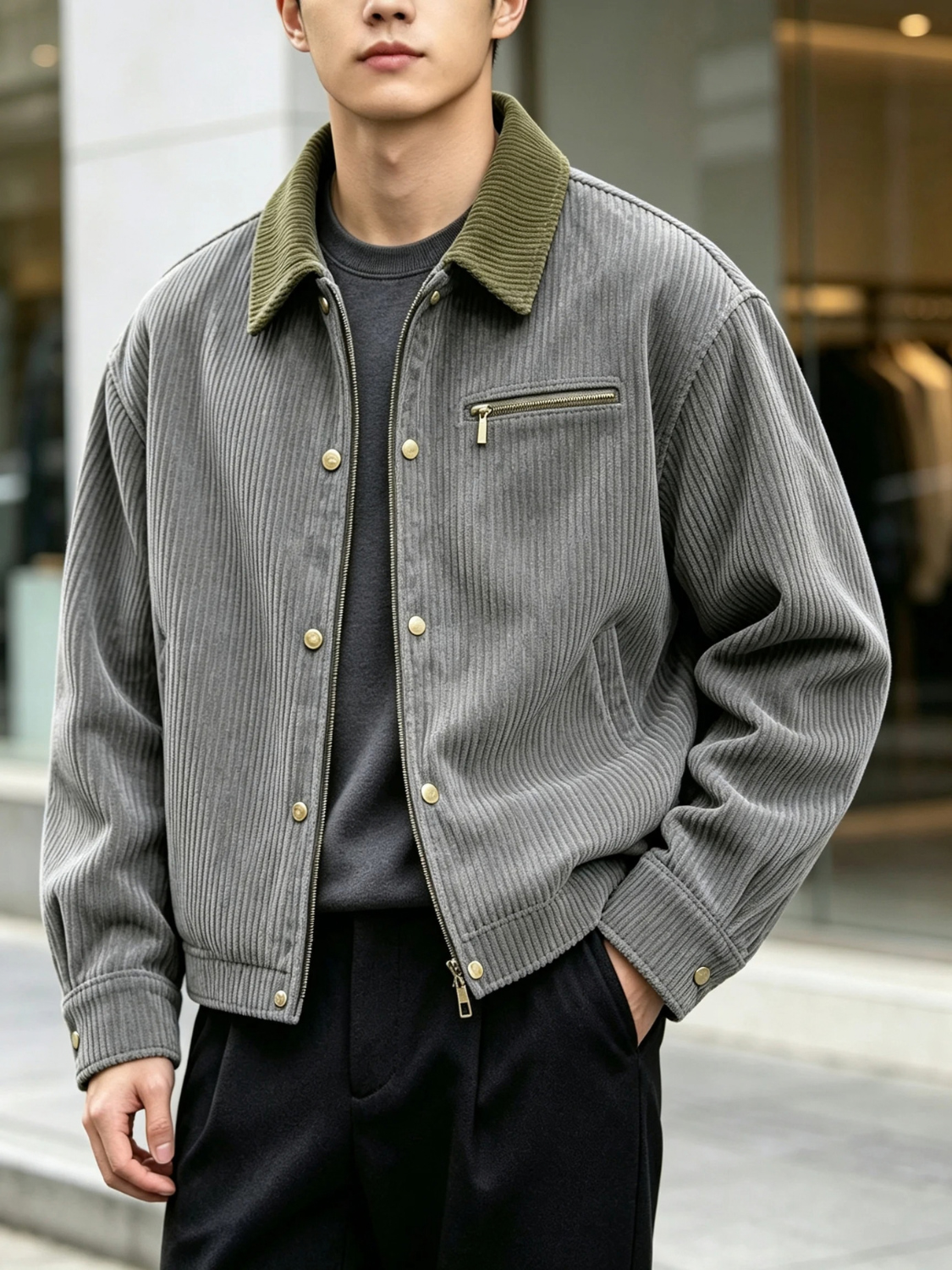 Corduroy Boxy Bomber Jacket for Men with Ribbed Collar