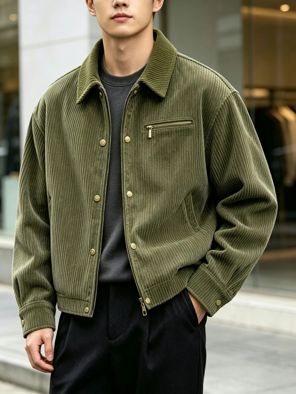Corduroy Boxy Bomber Jacket for Men with Ribbed Collar