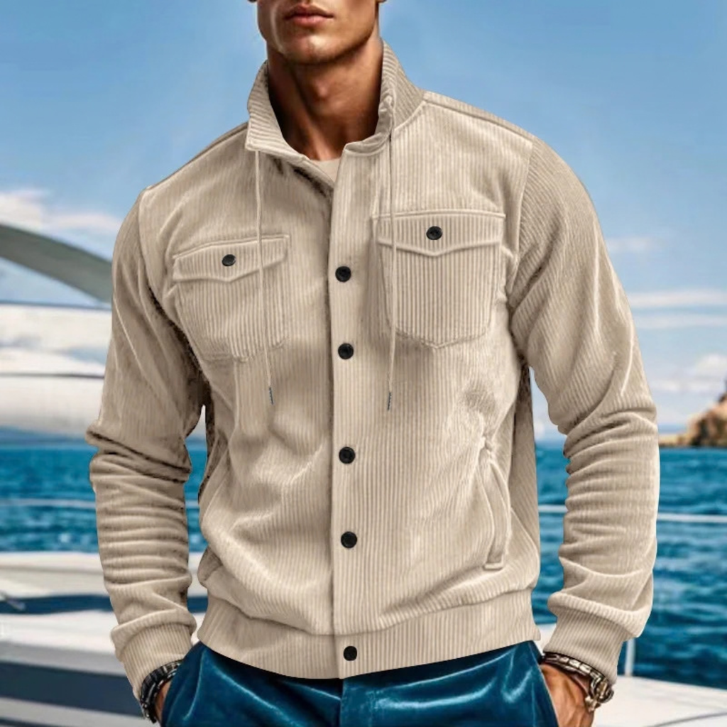 Corduroy Button Up Jacket for Men with Drawstring Collar
