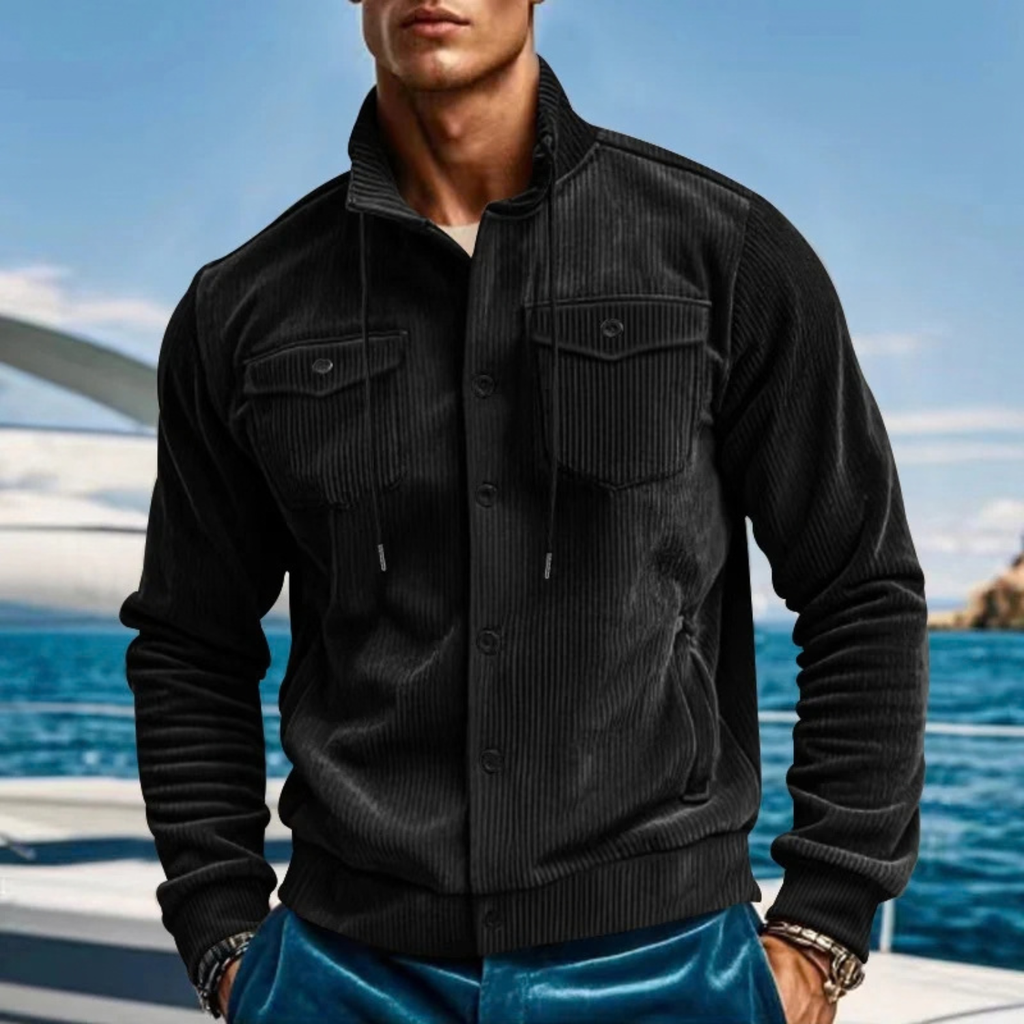Corduroy Button Up Jacket for Men with Drawstring Collar
