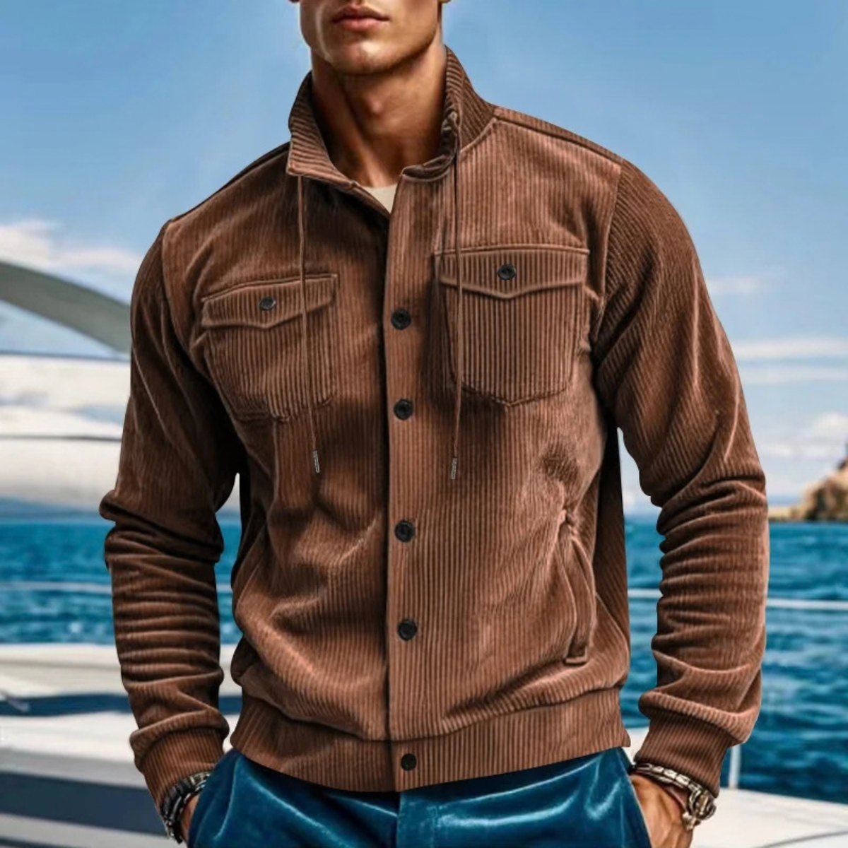 Corduroy Button Up Jacket for Men with Drawstring Collar
