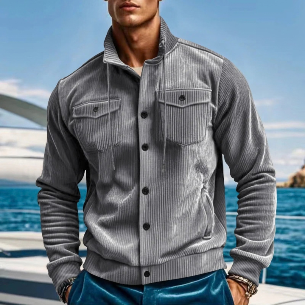 Corduroy Button Up Jacket for Men with Drawstring Collar