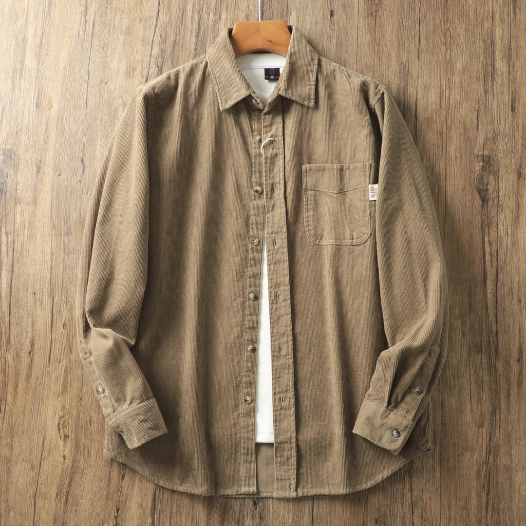 Corduroy Button Up Shirt Jacket for Men with Curved Hem