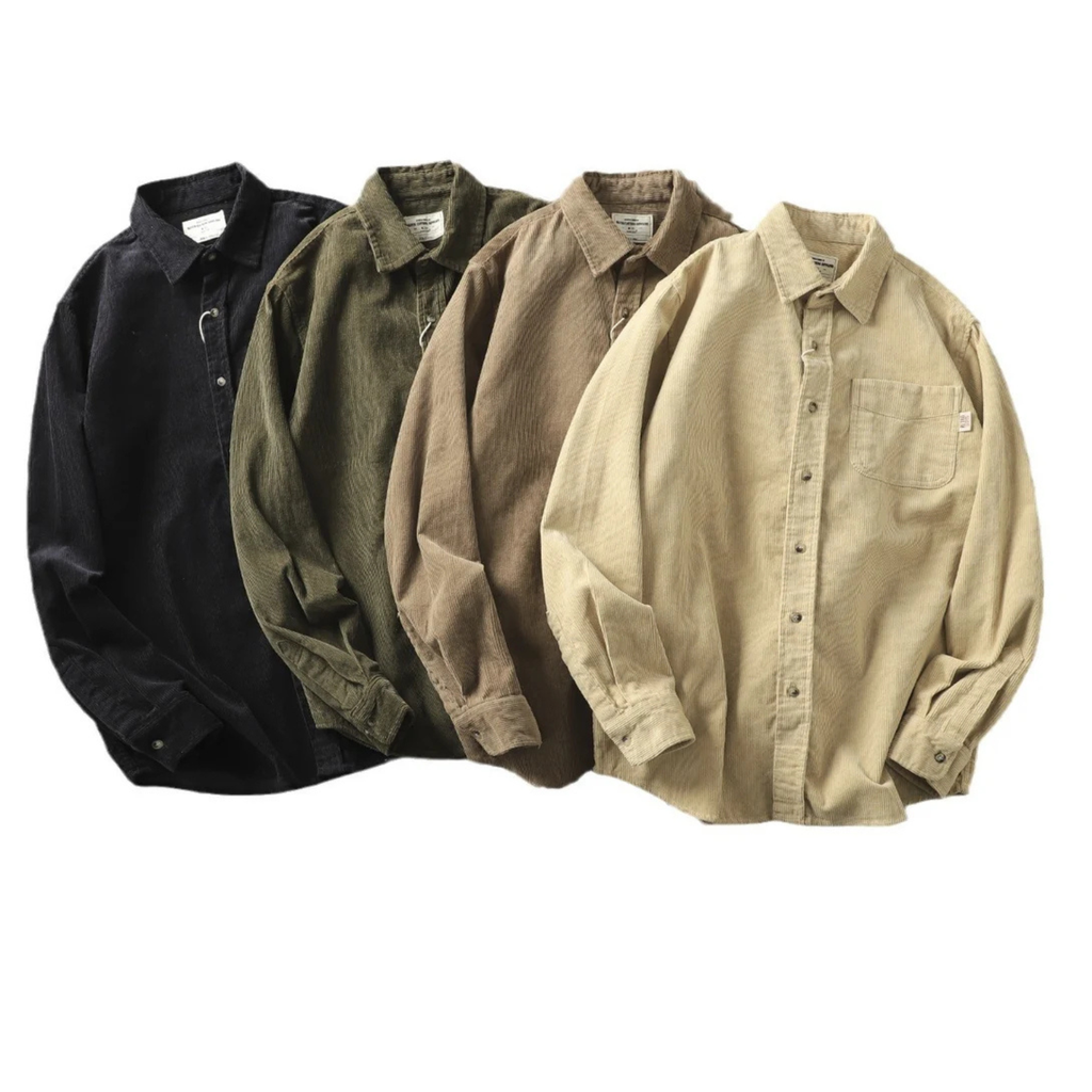 Corduroy Button Up Shirt Jacket for Men with Curved Hem