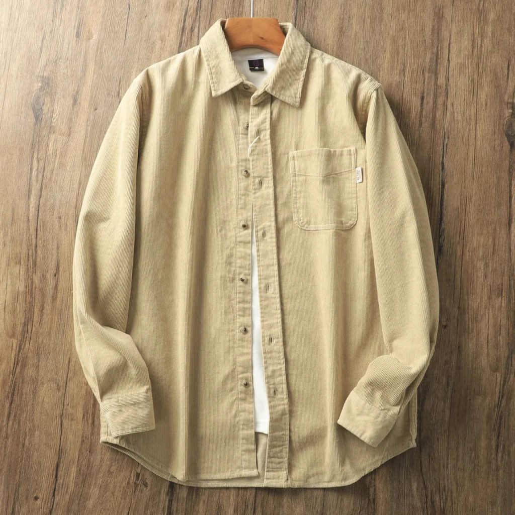 Corduroy Button Up Shirt Jacket for Men with Curved Hem
