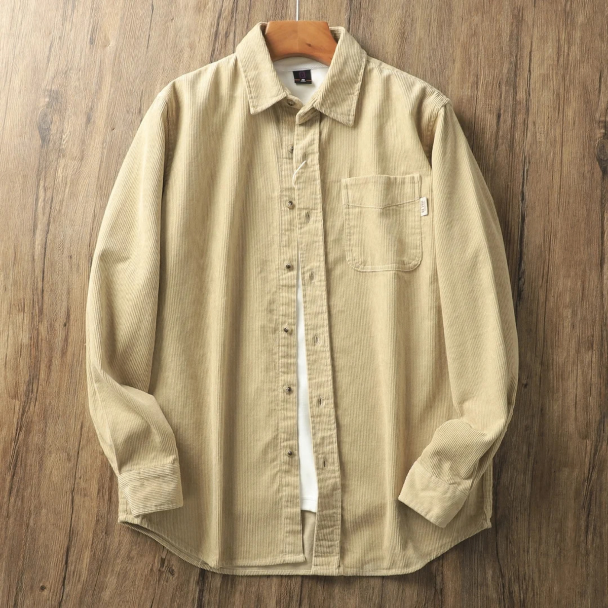 Corduroy Button Up Shirt Jacket for Men with Curved Hem