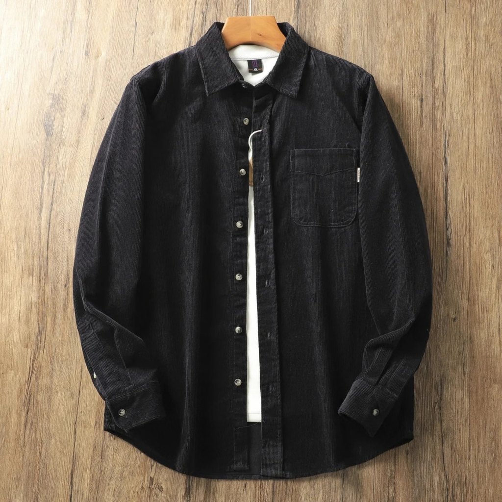 Corduroy Button Up Shirt Jacket for Men with Curved Hem