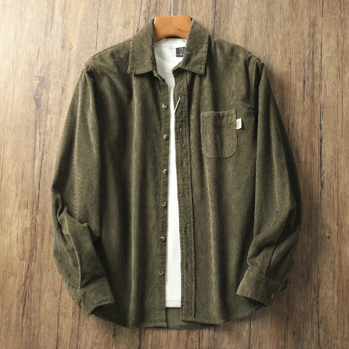 Corduroy Button Up Shirt Jacket for Men with Curved Hem