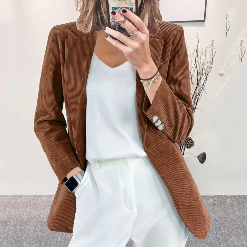 Corduroy Longline Open Front Blazer Jacket for Women