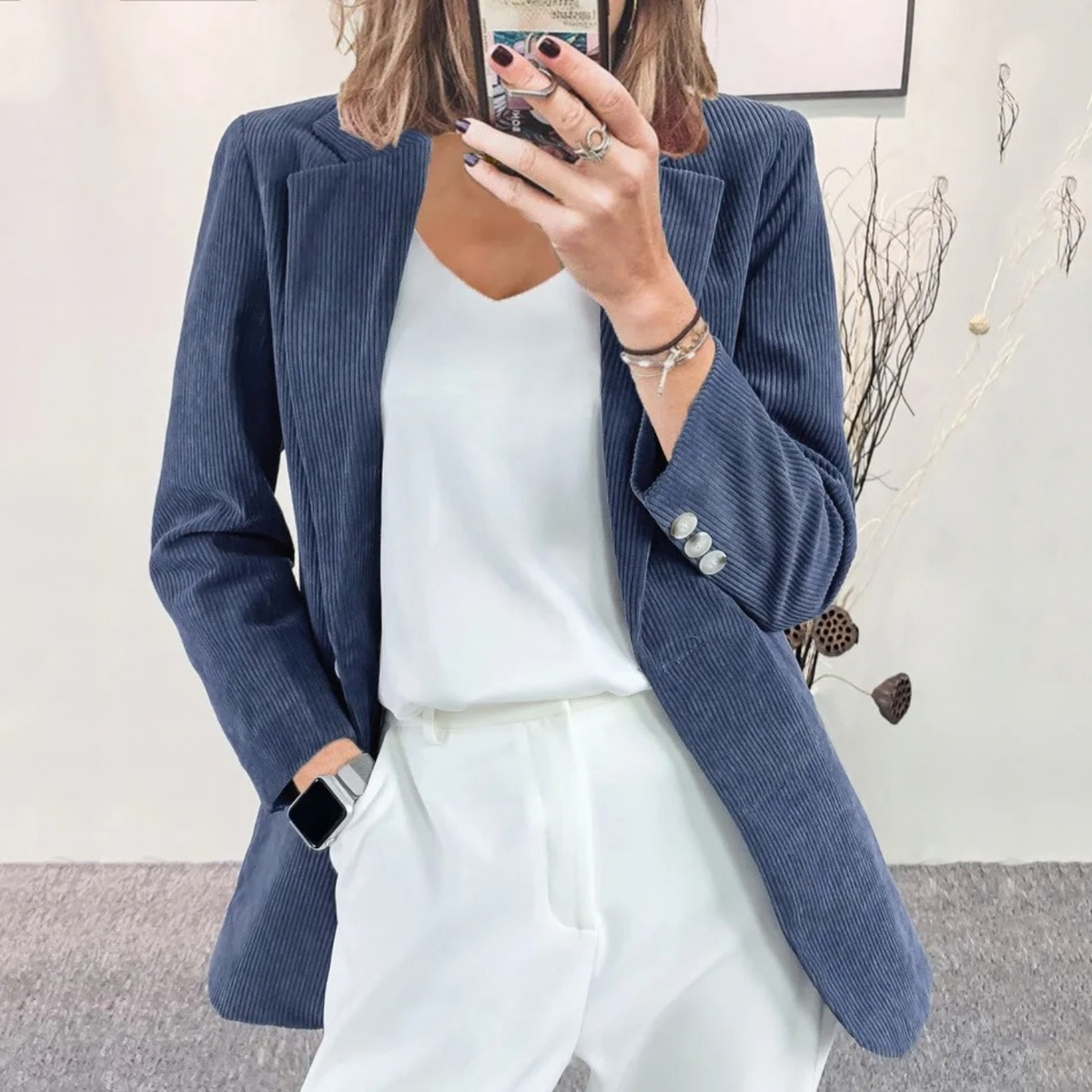 Corduroy Longline Open Front Blazer Jacket for Women