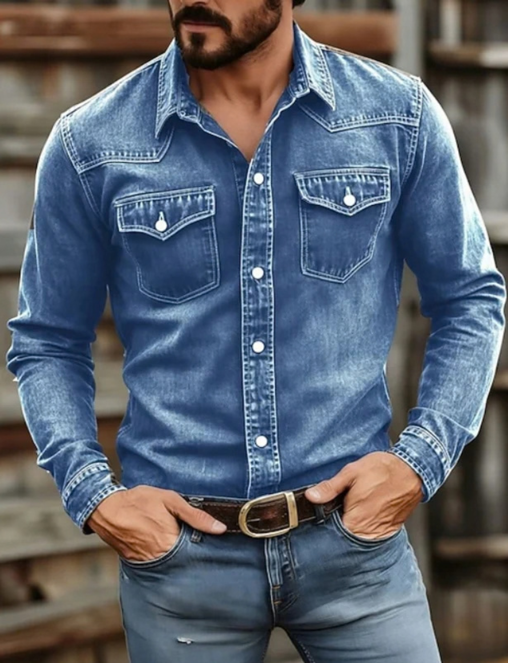 Denim Western Shirt for Men with Button-Up Front