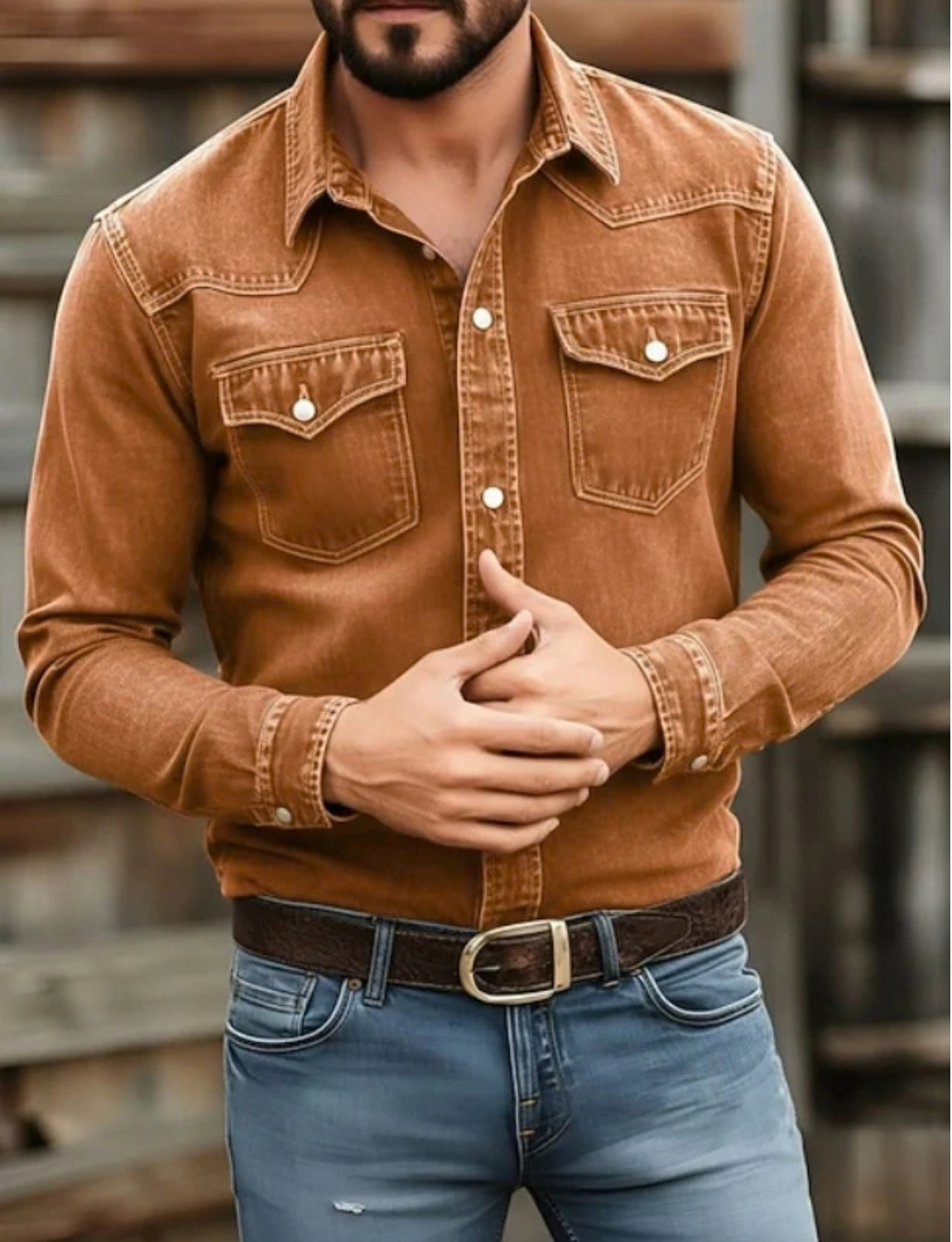 Denim Western Shirt for Men with Button-Up Front