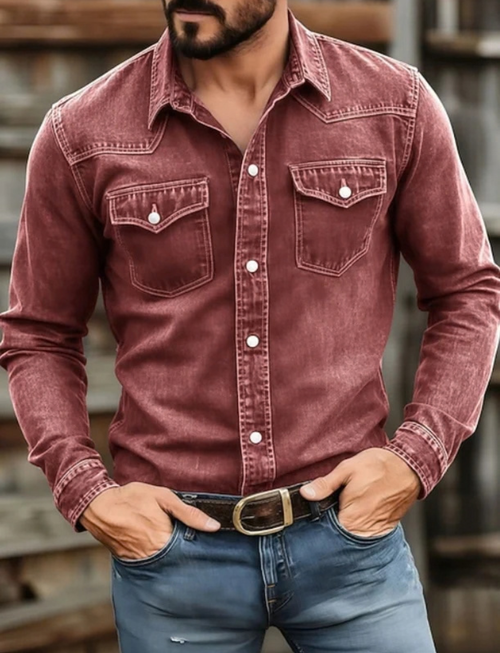Denim Western Shirt for Men with Button-Up Front