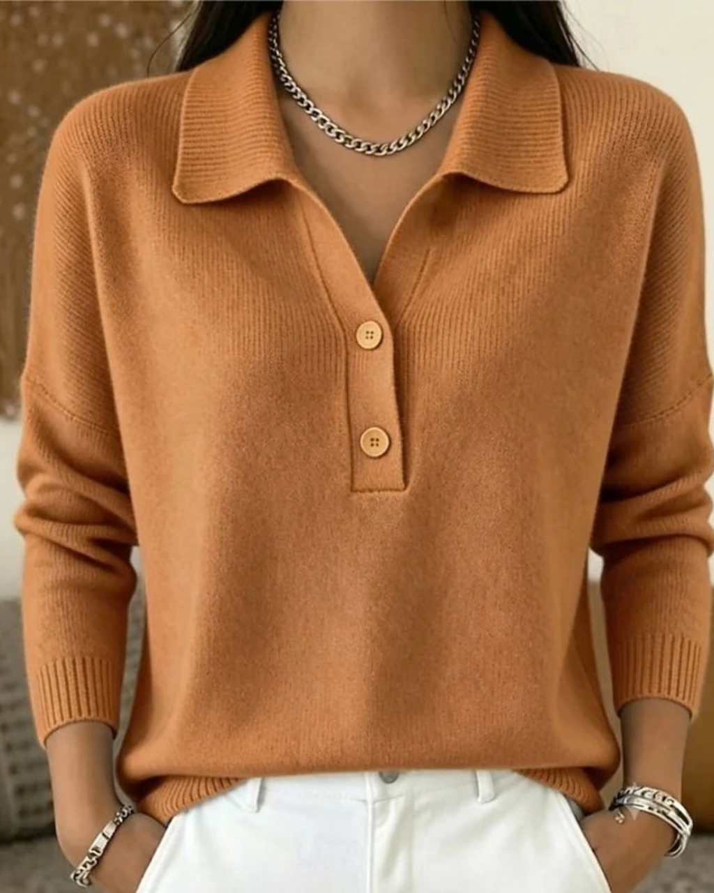 Drop Shoulder Polo Sweater for Women