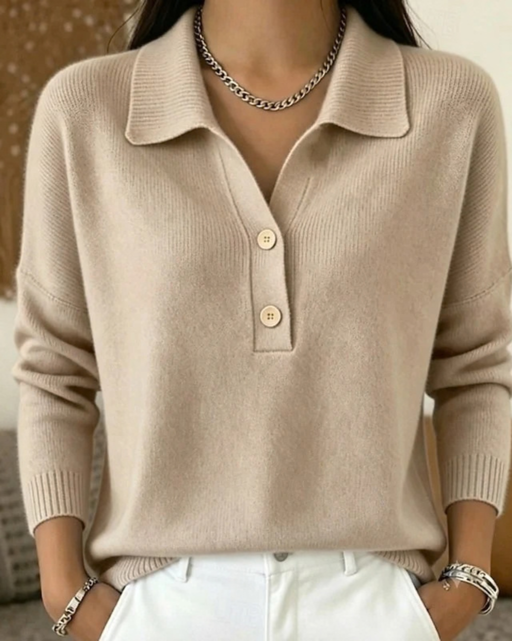 Drop Shoulder Polo Sweater for Women
