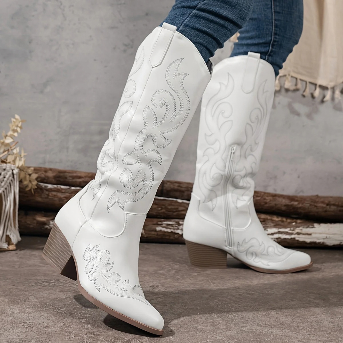 Embroidered Mid-Calf Cowboy Boots for Women