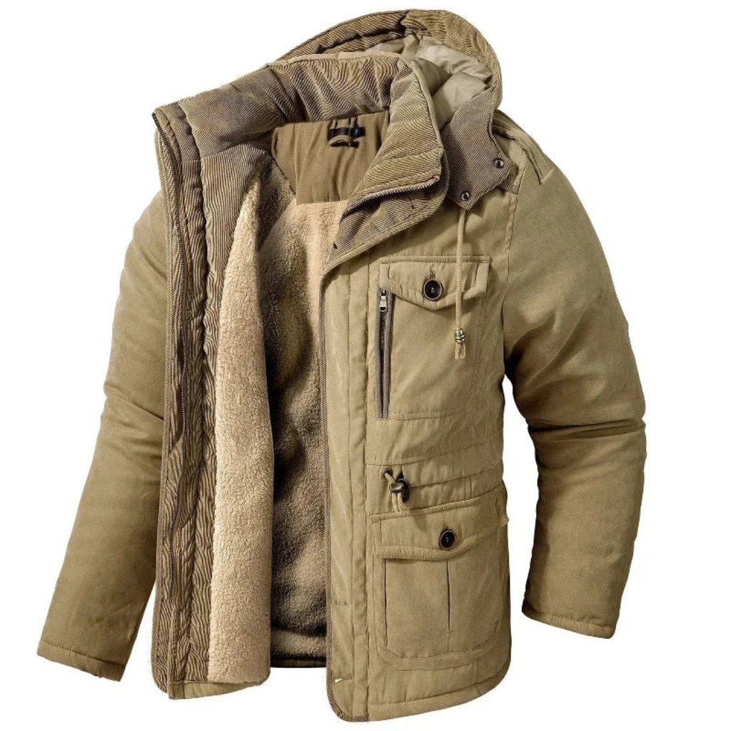 Fleece-Lined Hooded Parka for Men with Cargo Pockets