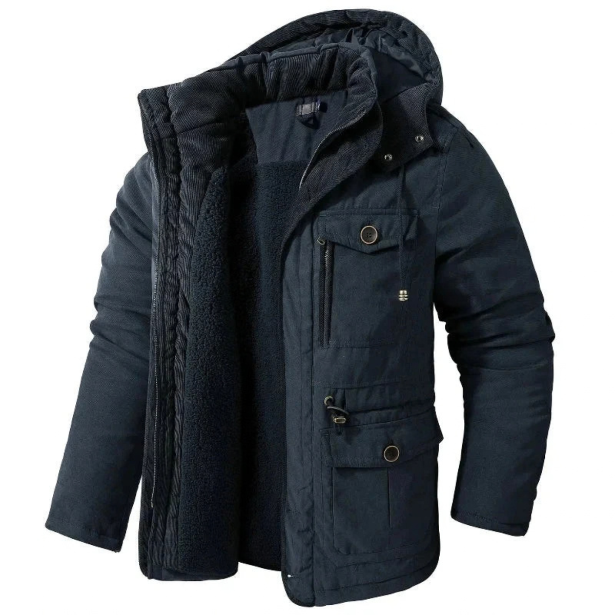 Fleece-Lined Hooded Parka for Men with Cargo Pockets