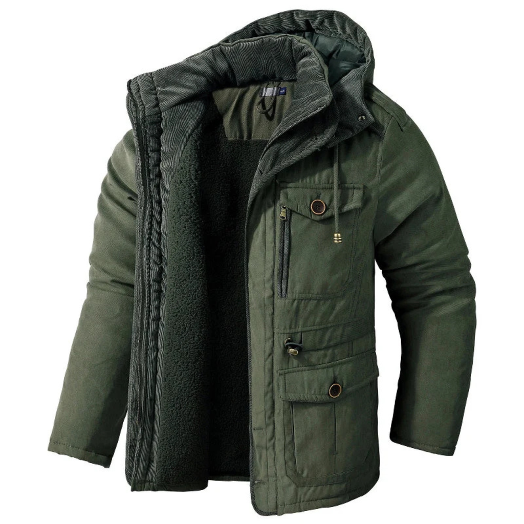 Fleece-Lined Hooded Parka for Men with Cargo Pockets