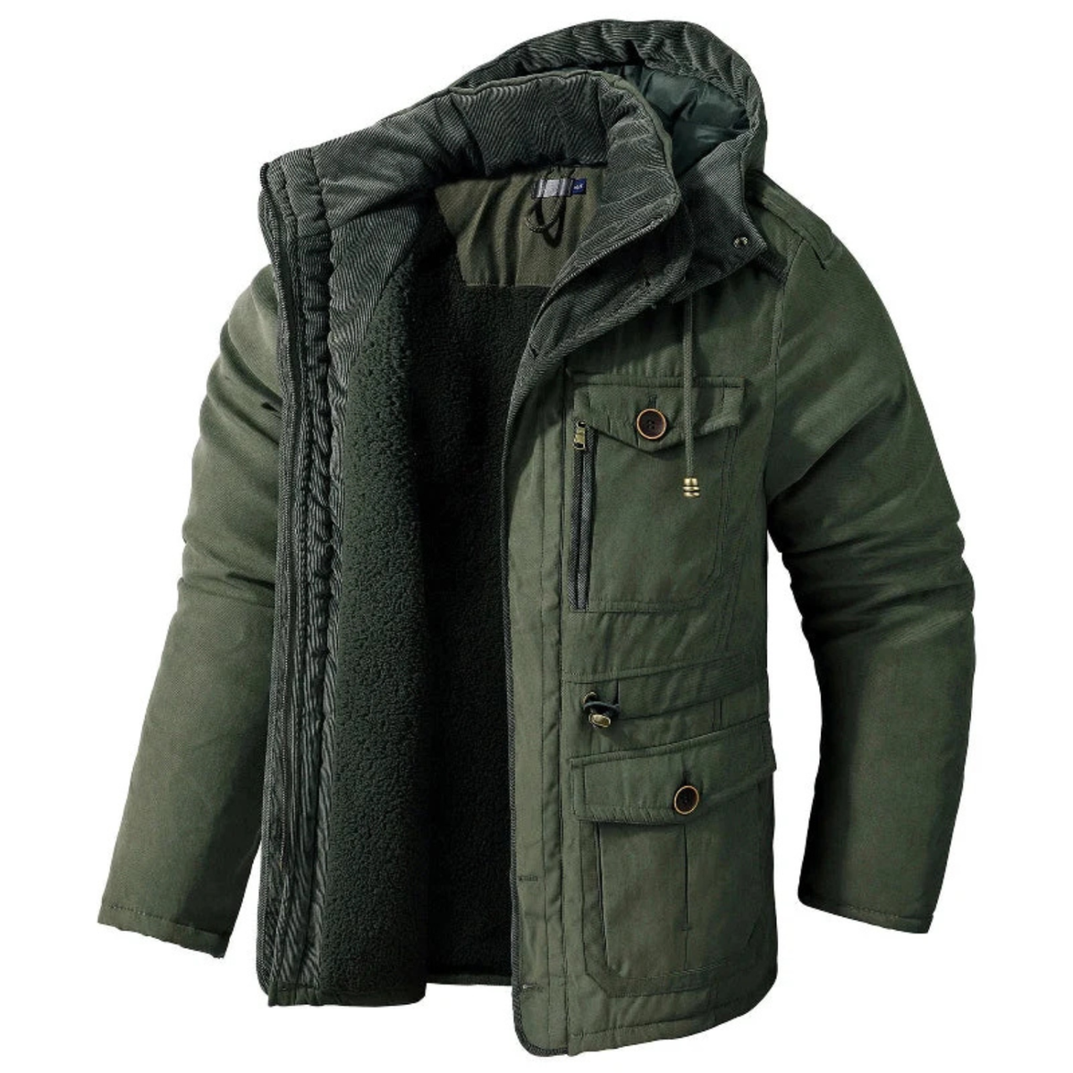 Fleece-Lined Hooded Parka for Men with Cargo Pockets