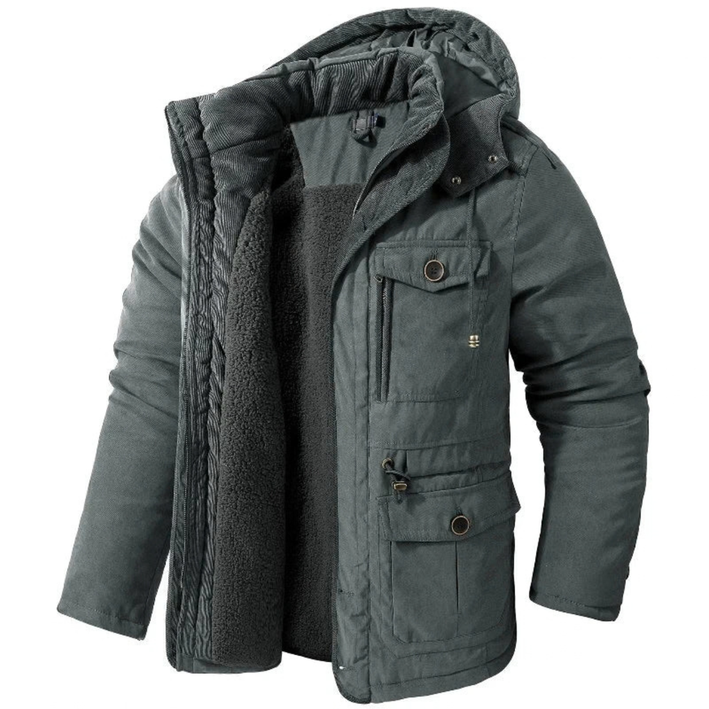 Fleece-Lined Hooded Parka for Men with Cargo Pockets