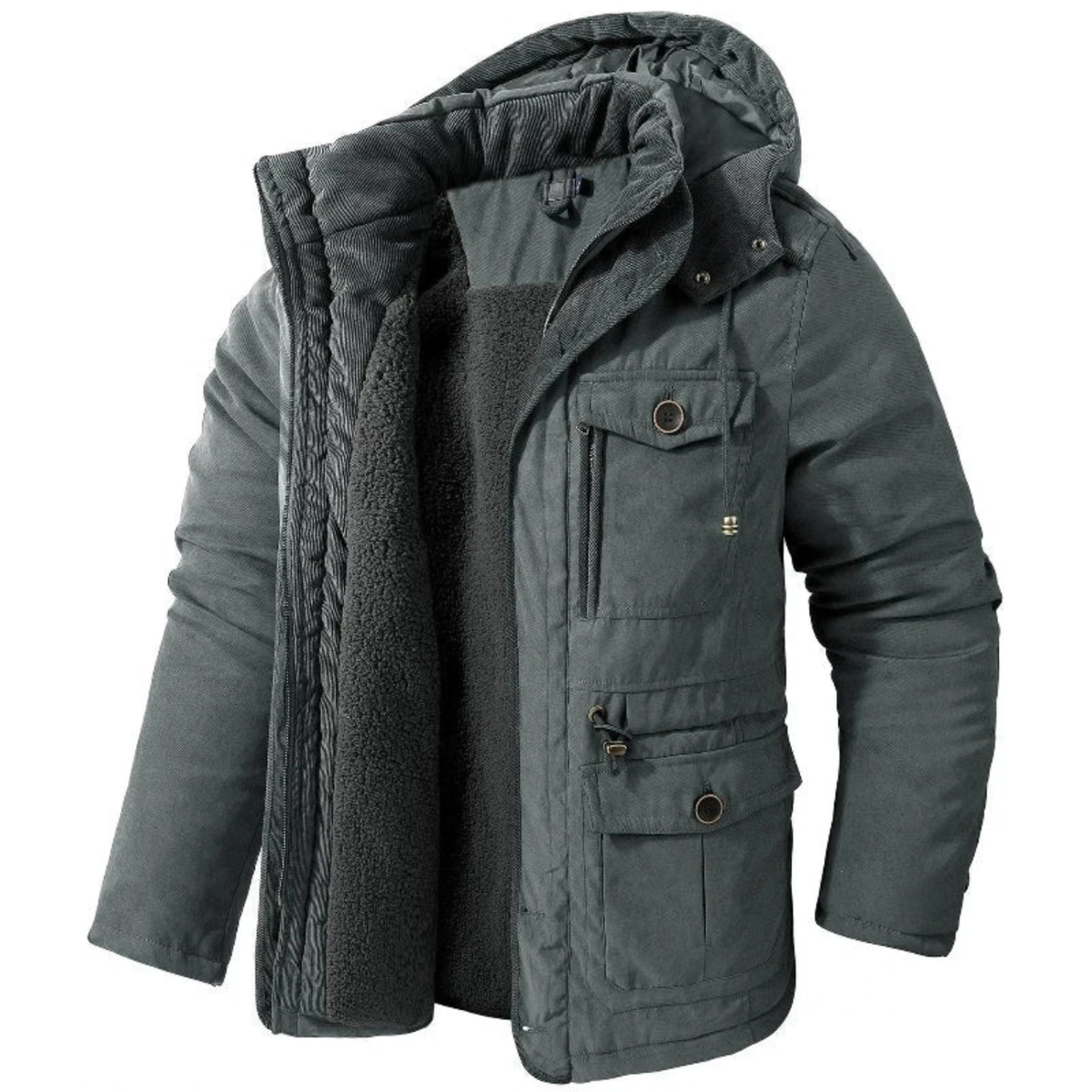 Fleece-Lined Hooded Parka for Men with Cargo Pockets