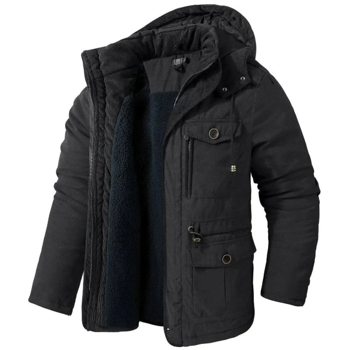Fleece-Lined Hooded Parka for Men with Cargo Pockets