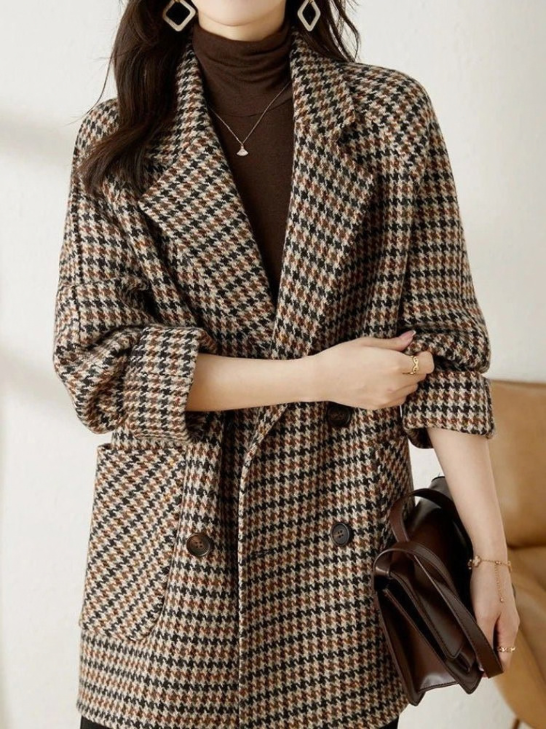 Houndstooth Double-Breasted Blazer Coat for Women