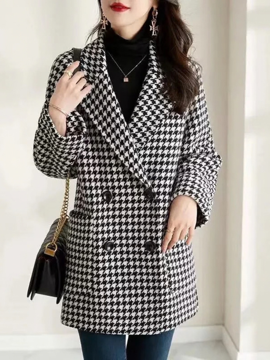 Houndstooth Double-Breasted Blazer Coat for Women