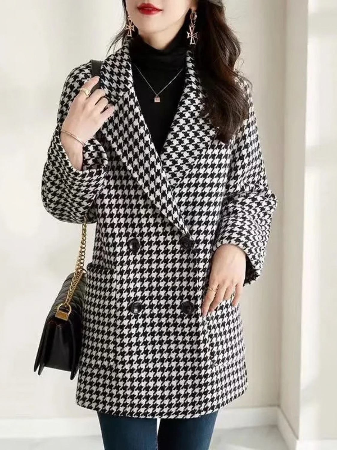 Houndstooth Double-Breasted Blazer Coat for Women