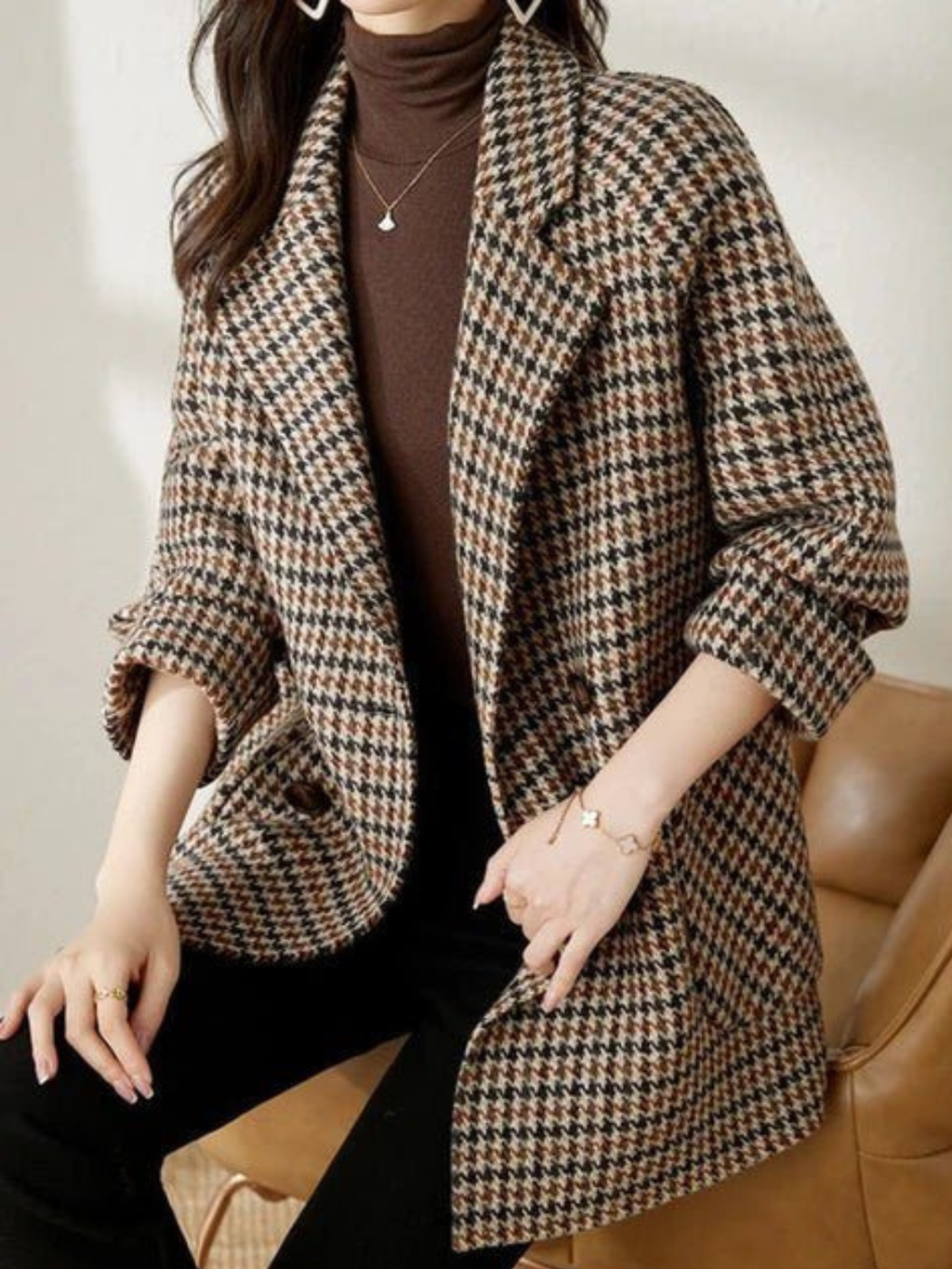 Houndstooth Double-Breasted Blazer Coat for Women