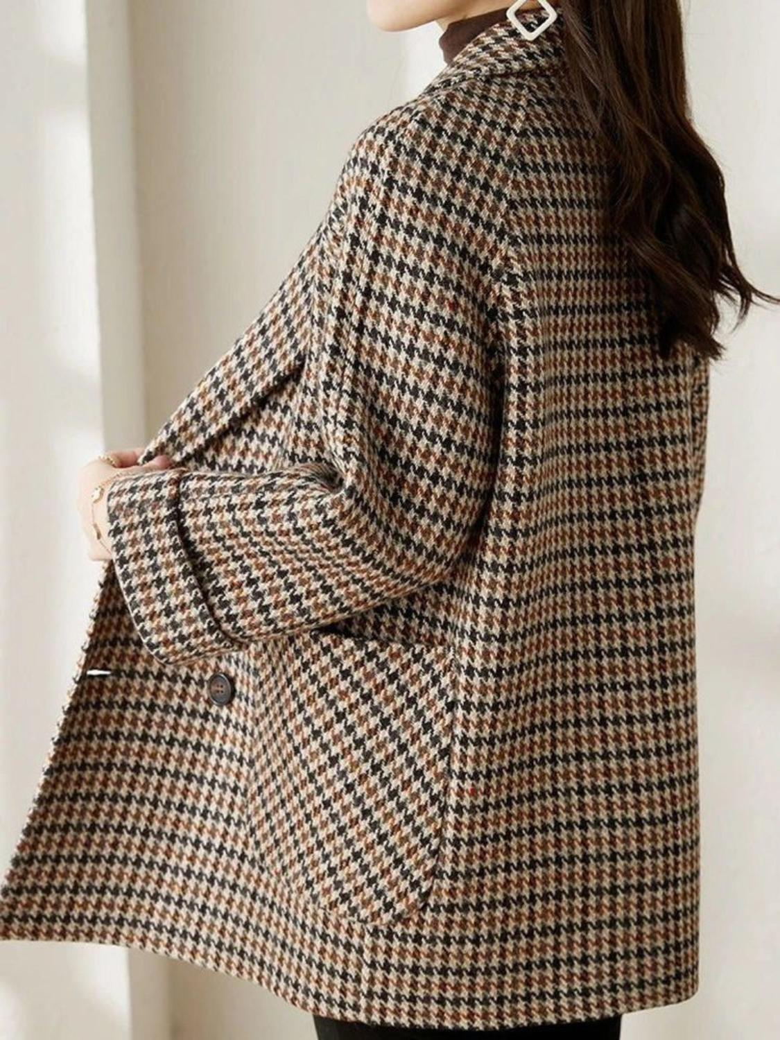 Houndstooth Double-Breasted Blazer Coat for Women